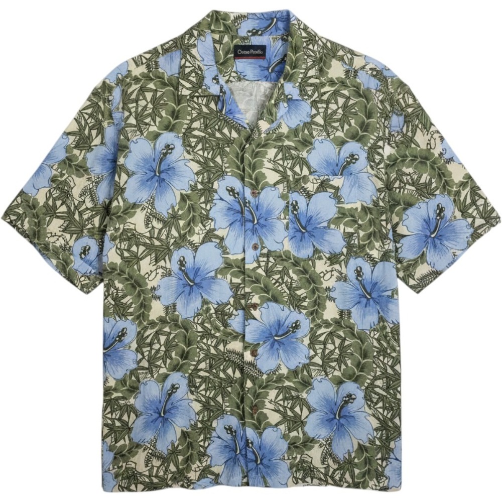 Ocean Pacific Mens Blue Hibiscus Floral Tropical Viscose‎ Rayon Shirt Medium OP